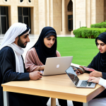 ** A diverse group of Arab students collaboratively studying and utilizing online educational resources on laptops and tablets, set against a backdrop of a modern library or university campus in the Middle East, emphasizing access and engagement.

**