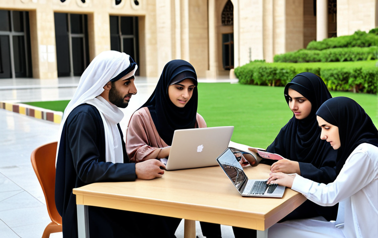 ** A diverse group of Arab students collaboratively studying and utilizing online educational resources on laptops and tablets, set against a backdrop of a modern library or university campus in the Middle East, emphasizing access and engagement.

**