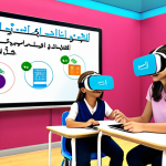 **

A vibrant, interactive classroom scene. Students are wearing VR headsets and using augmented reality apps on tablets. An AI tutor avatar is visible on a large screen, providing personalized feedback. The setting is modern and colorful, showcasing the integration of AR, VR, and AI in education. Focus on portraying engagement and excitement in learning. Incorporate Arabic script subtly in the background (e.g., on a whiteboard or displayed text).

**