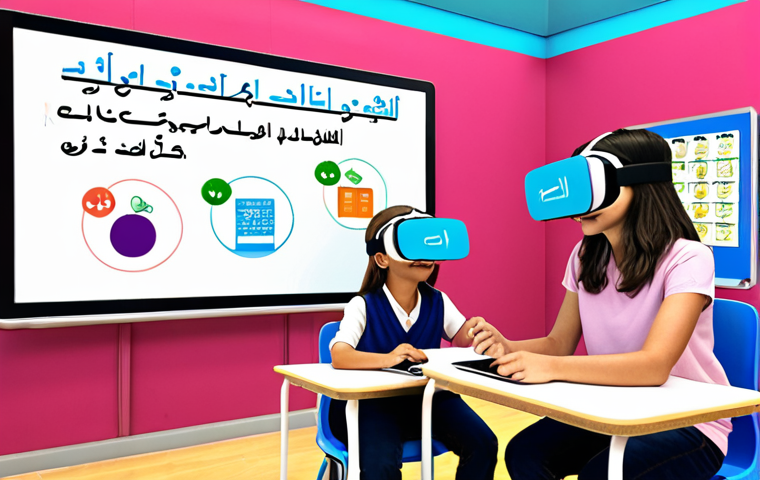**

A vibrant, interactive classroom scene. Students are wearing VR headsets and using augmented reality apps on tablets. An AI tutor avatar is visible on a large screen, providing personalized feedback. The setting is modern and colorful, showcasing the integration of AR, VR, and AI in education. Focus on portraying engagement and excitement in learning. Incorporate Arabic script subtly in the background (e.g., on a whiteboard or displayed text).

**