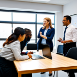 A diverse group of adult learners, fully clothed in professional business casual attire, actively collaborating on a practical, hands-on project in a modern, well-lit innovation lab. They are gathered around a large table, interacting with various components, laptops, and diagrams on whiteboards, demonstrating focused teamwork and the application of acquired skills. The atmosphere is dynamic and productive. Professional photography, high-resolution, sharp focus, natural lighting, perfect anatomy, correct proportions, natural poses, well-formed hands, proper finger count, natural body proportions. Safe for work, appropriate content, fully clothed, professional dress, modest clothing, family-friendly.