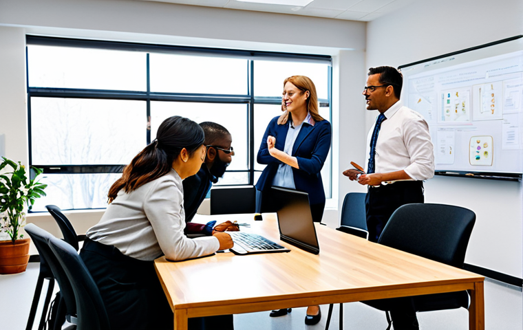 A diverse group of adult learners, fully clothed in professional business casual attire, actively collaborating on a practical, hands-on project in a modern, well-lit innovation lab. They are gathered around a large table, interacting with various components, laptops, and diagrams on whiteboards, demonstrating focused teamwork and the application of acquired skills. The atmosphere is dynamic and productive. Professional photography, high-resolution, sharp focus, natural lighting, perfect anatomy, correct proportions, natural poses, well-formed hands, proper finger count, natural body proportions. Safe for work, appropriate content, fully clothed, professional dress, modest clothing, family-friendly.