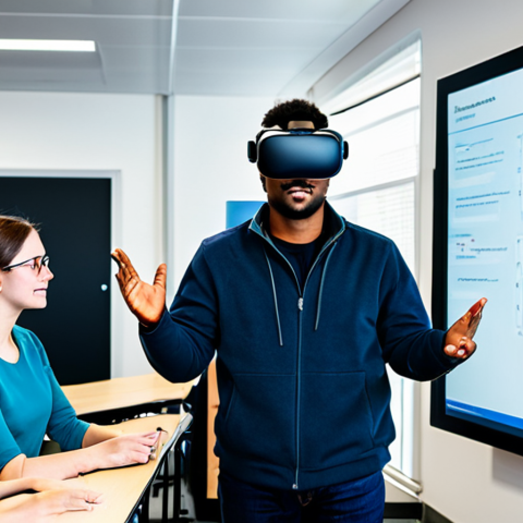A diverse group of professional-looking students and a teacher in a state-of-the-art, brightly lit smart classroom. Some students are wearing VR headsets, immersed in a virtual simulation, while others interact with large touch-screen displays showing educational content, guided by the teacher. The atmosphere is innovative and engaging. The subjects are fully clothed in modest business casual attire. Perfect anatomy, correct proportions, natural pose, well-formed hands, proper finger count, natural body proportions, professional photography, high quality, intricate details, vibrant colors. Safe for work, appropriate content, fully clothed, professional, family-friendly.
