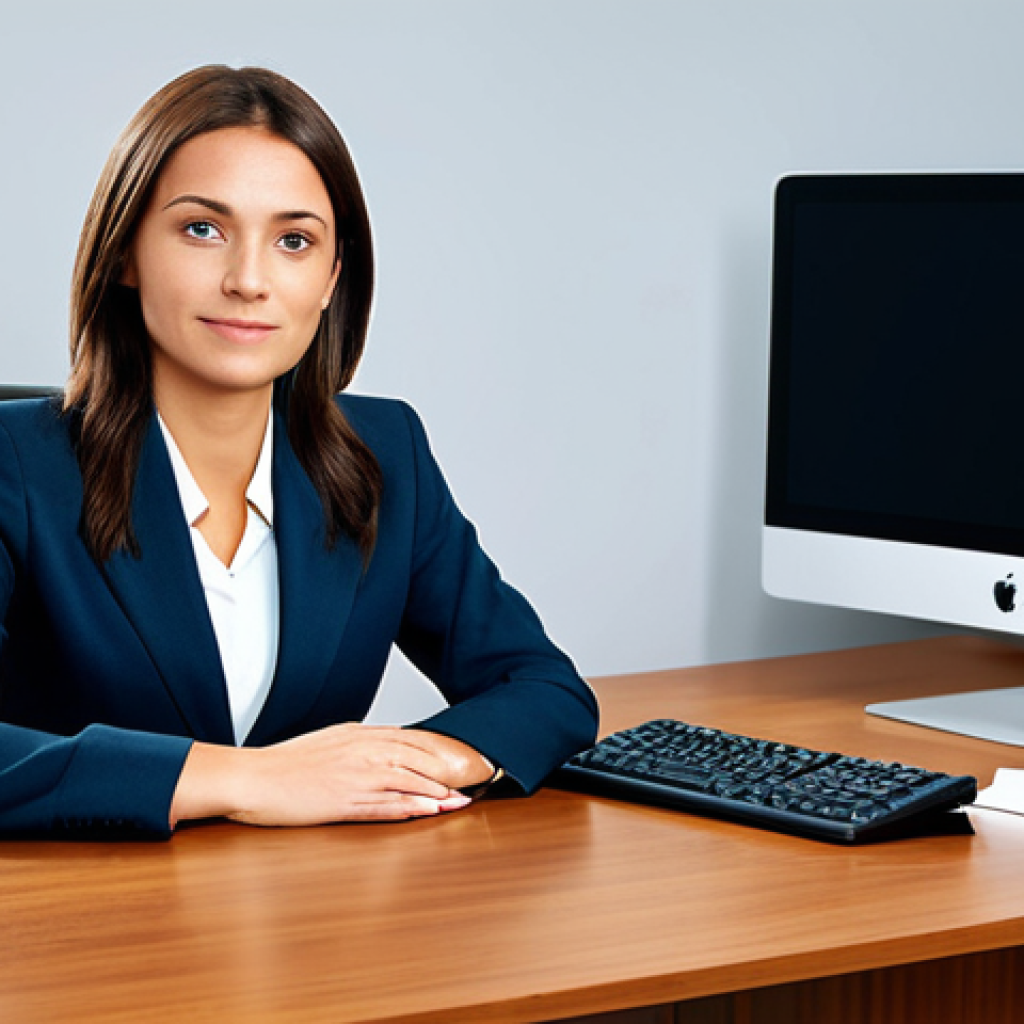 **

A professional businesswoman in a modest business suit, sitting at a desk in a modern office, fully clothed, appropriate attire, safe for work, perfect anatomy, natural proportions, professional photography, high quality.

**