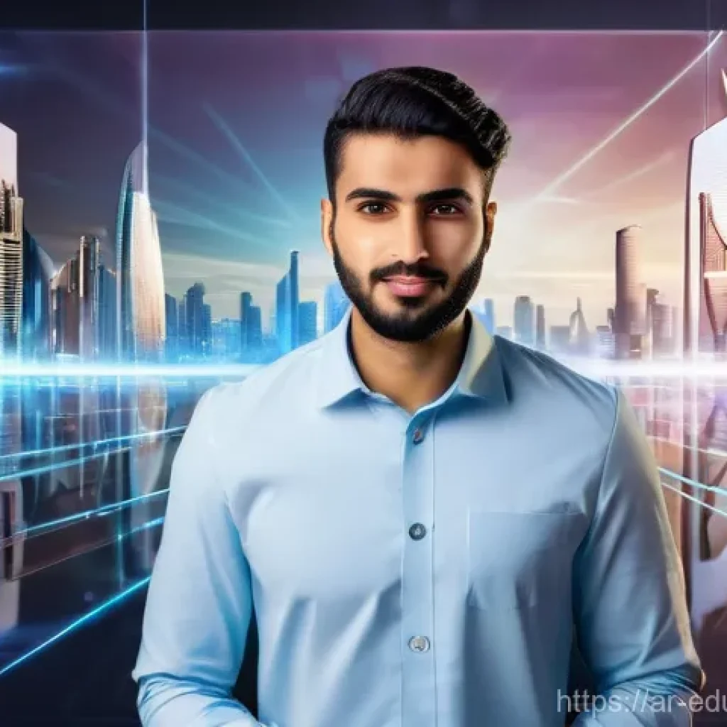 스킬 기반 교육 모델이 산업에 미치는 영향 - **A Dynamic Young Arab Professional in a Skill-Centric Future:**
    A vibrant, medium shot of a you...