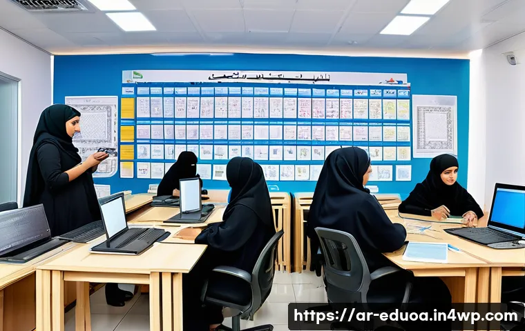 스킬 기반 교육 모델의 직업 훈련 프로그램 설계 - A vibrant modern vocational training center in an Arab country, showing a diverse group of young adu...