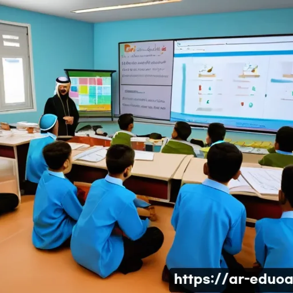 스킬 기반 교육 모델의 학습 효과 증진 사례 - A vibrant classroom scene in a modern Arab school where a diverse group of adolescent students are e...