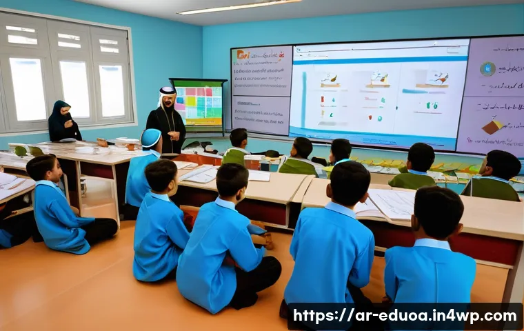 스킬 기반 교육 모델의 학습 효과 증진 사례 - A vibrant classroom scene in a modern Arab school where a diverse group of adolescent students are e...